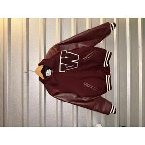 Vintage NEFF Maroon Wool and Leather Varsity Jacket with Band Patch S